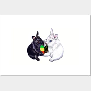 Reggae bunnies - bunny rabbits holding a love heart shape - pair of cute furry ebony and snow colored coloured lionhead bunny rabbit Posters and Art